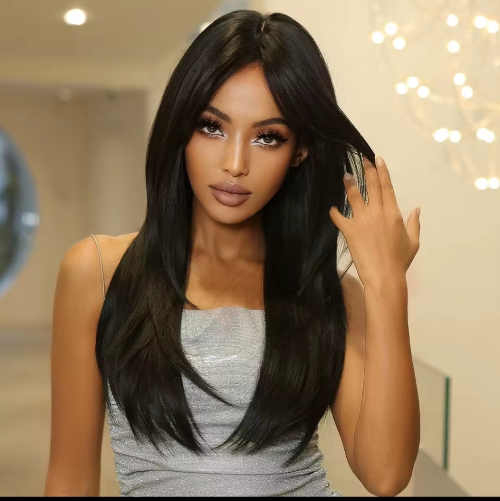 Dark Black Layered High-Quality Synthetic Long Straight Wig - Picture 4 of 9